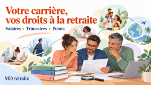 Voici les textes à copier dans les champs affichés : Texte alternatif Trois adultes examinent un relevé de carrière, avec des illustrations du travail, de la famille et des activités à l’étranger.